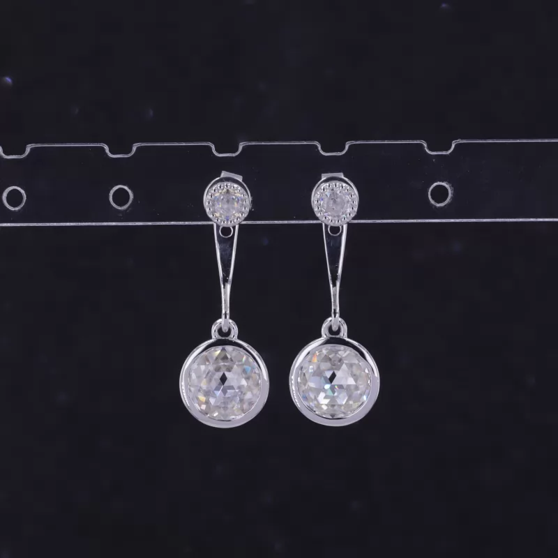 7mm Round Shape Double Rose Cut Moissanite Bezel Set S925 Sterling Silver Diamond Earrings