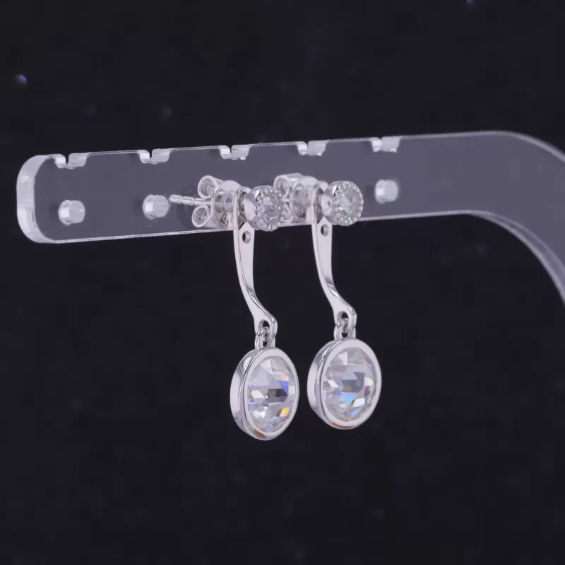 7mm Round Shape Double Rose Cut Moissanite Bezel Set S925 Sterling Silver Diamond Earrings