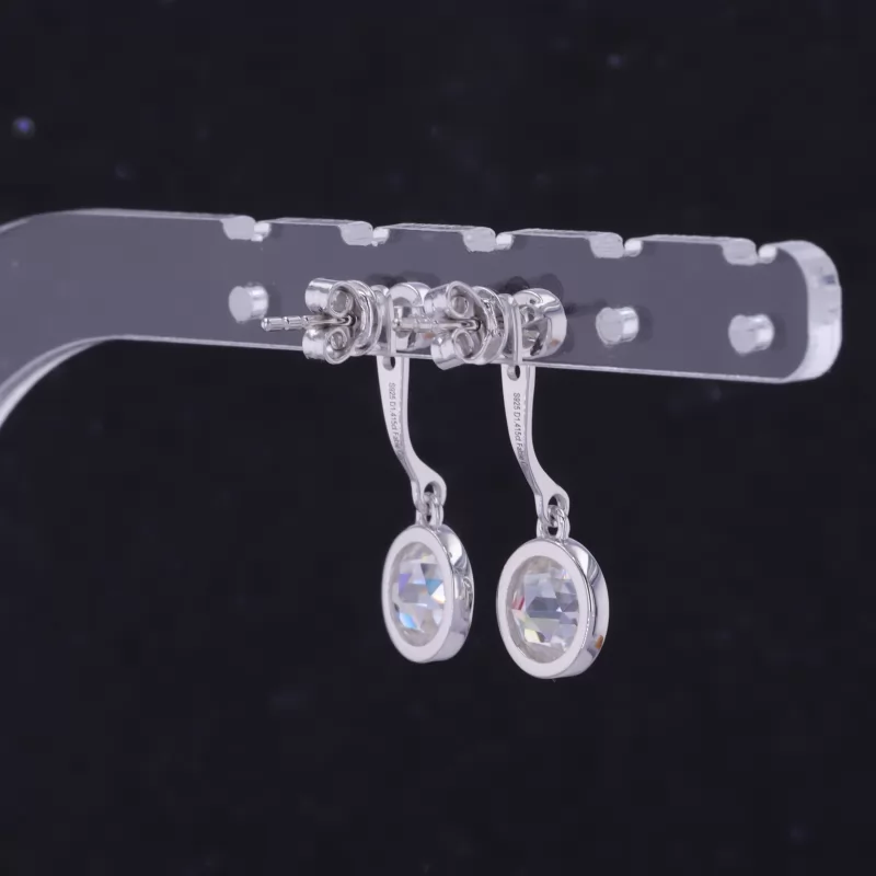 7mm Round Shape Double Rose Cut Moissanite Bezel Set S925 Sterling Silver Diamond Earrings