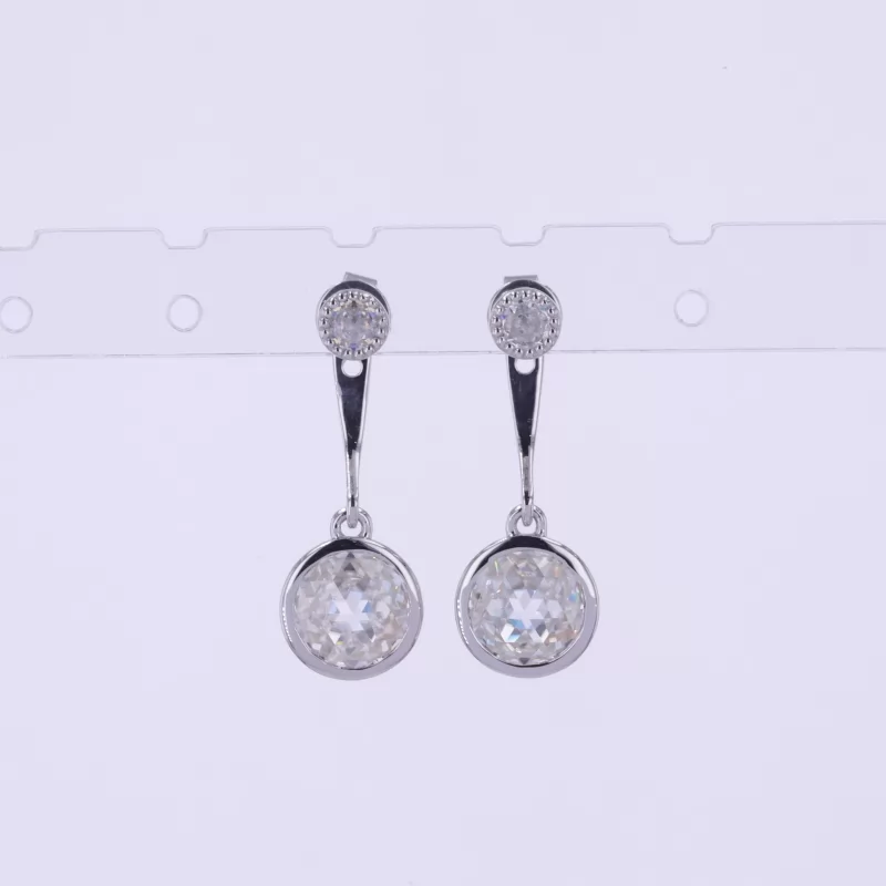 7mm Round Shape Double Rose Cut Moissanite Bezel Set S925 Sterling Silver Diamond Earrings