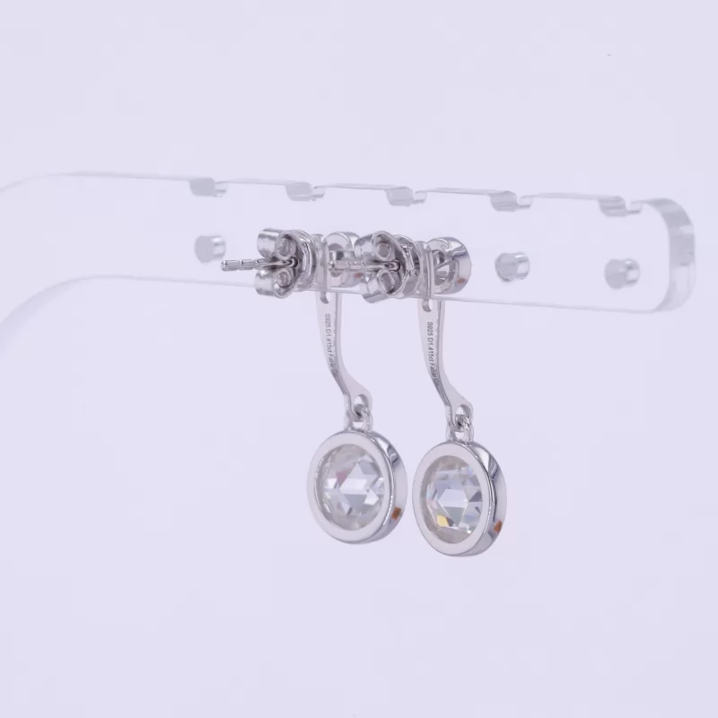 7mm Round Shape Double Rose Cut Moissanite Bezel Set S925 Sterling Silver Diamond Earrings