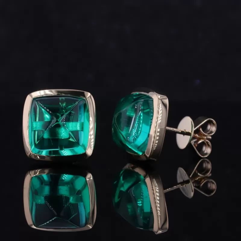 10×10mm Sugar Loaf Cut Lab Grown Emerald 10K Yellow Gold Diamond Stud Earrings