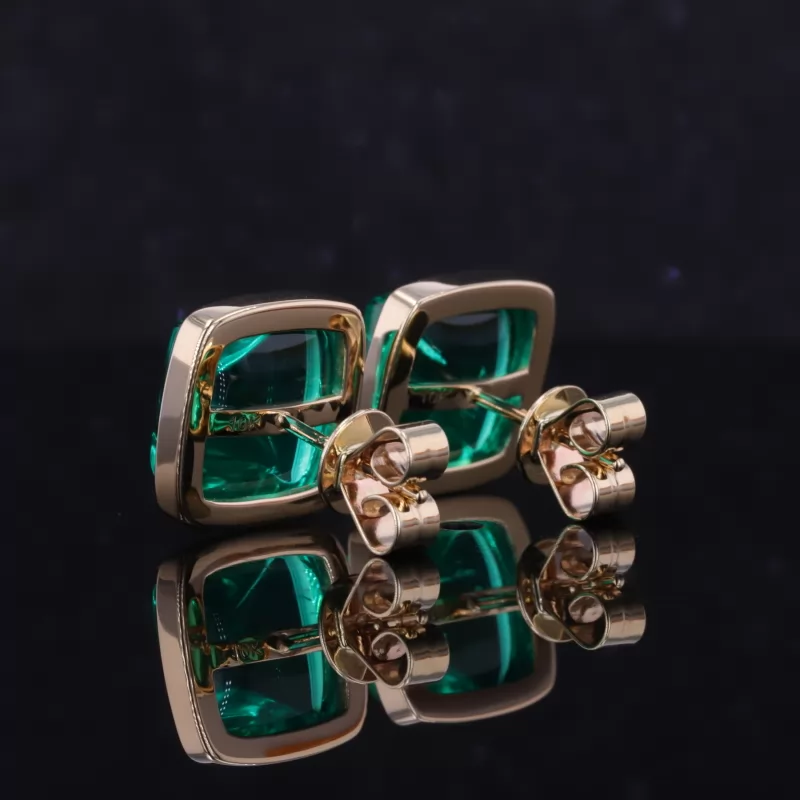 10×10mm Sugar Loaf Cut Lab Grown Emerald 10K Yellow Gold Diamond Stud Earrings