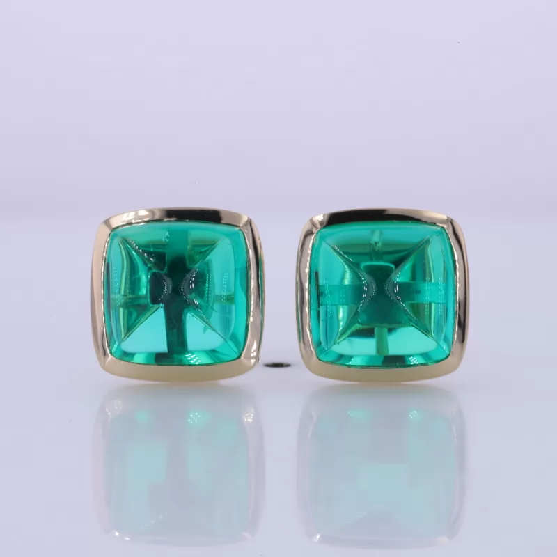 10×10mm Sugar Loaf Cut Lab Grown Emerald 10K Yellow Gold Diamond Stud Earrings