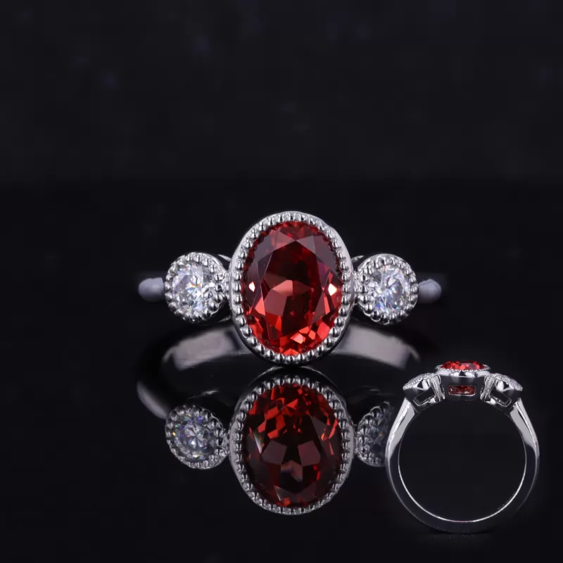 6×8mm Oval Cut Lab Grown Ruby PT950 Three Stone Engagement Ring