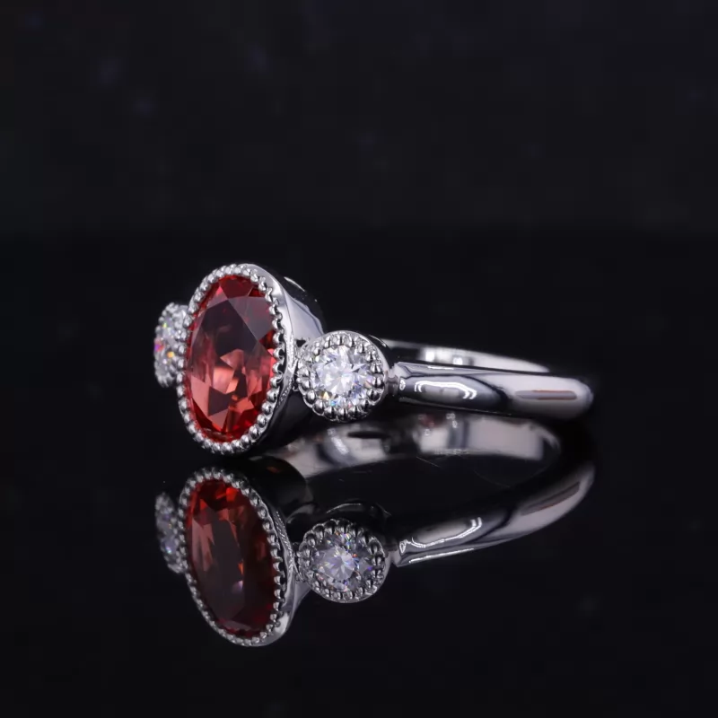 6×8mm Oval Cut Lab Grown Ruby PT950 Three Stone Engagement Ring