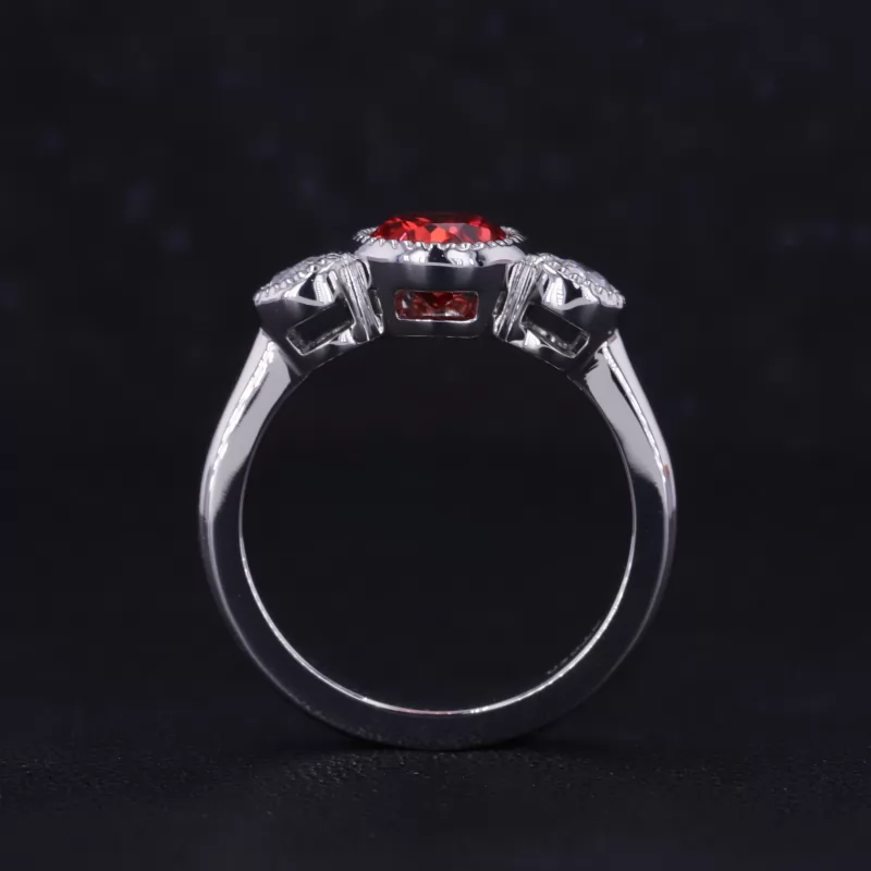 6×8mm Oval Cut Lab Grown Ruby PT950 Three Stone Engagement Ring