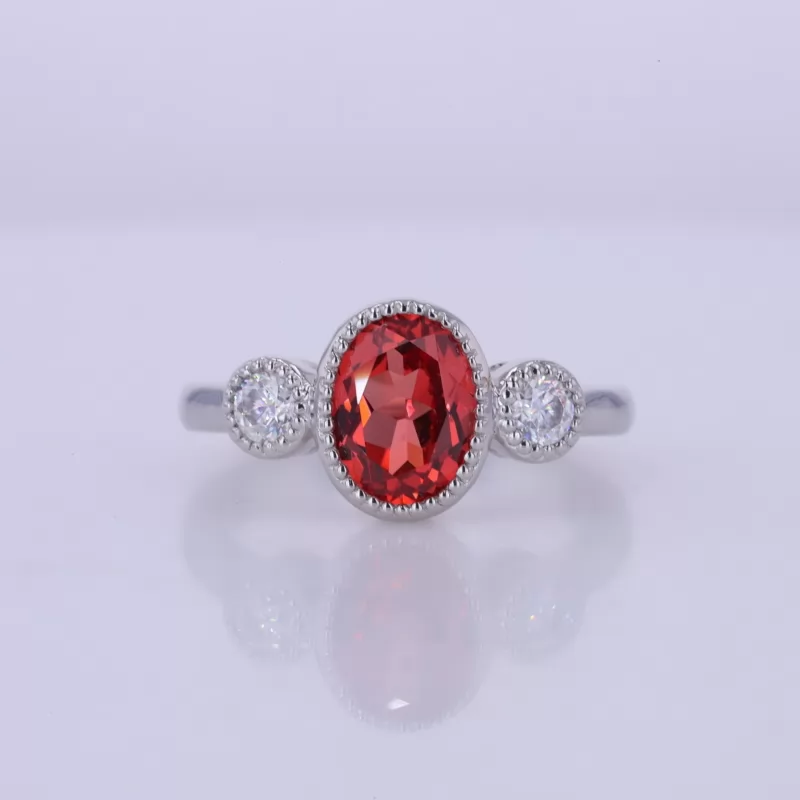 6×8mm Oval Cut Lab Grown Ruby PT950 Three Stone Engagement Ring