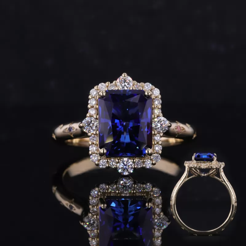 8×10mm Radiant Cut Lab Grown Sapphire 10K Yellow Gold Halo Engagement Ring