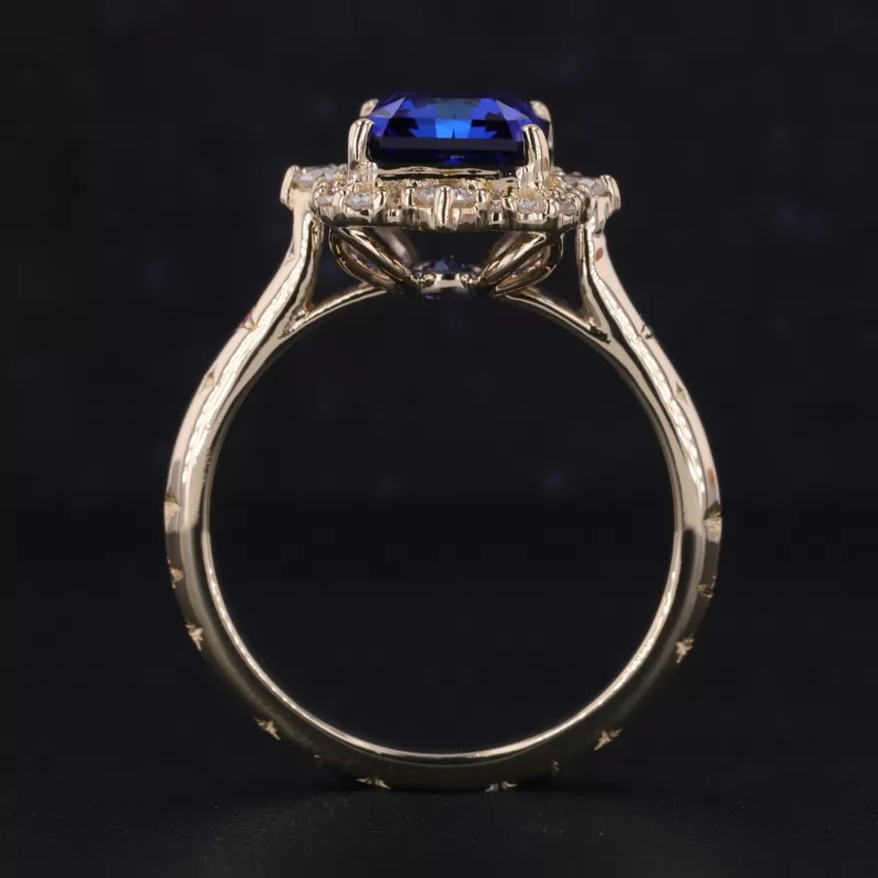 8×10mm Radiant Cut Lab Grown Sapphire 10K Yellow Gold Halo Engagement Ring