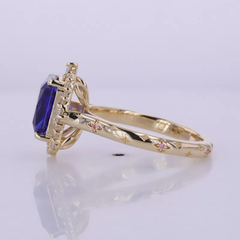 8×10mm Radiant Cut Lab Grown Sapphire 10K Yellow Gold Halo Engagement Ring