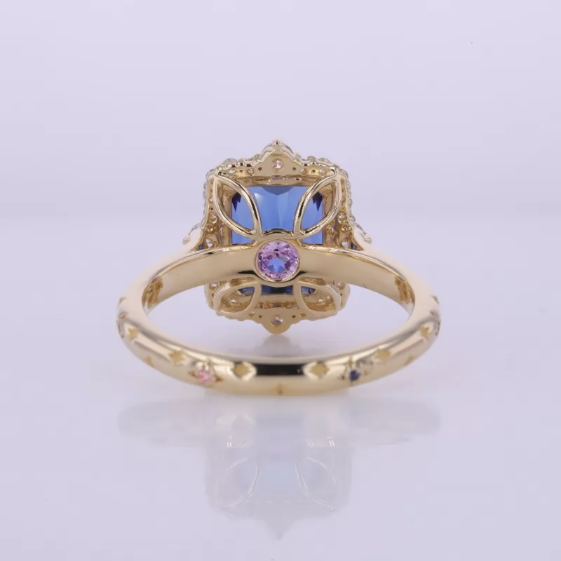 8×10mm Radiant Cut Lab Grown Sapphire 10K Yellow Gold Halo Engagement Ring