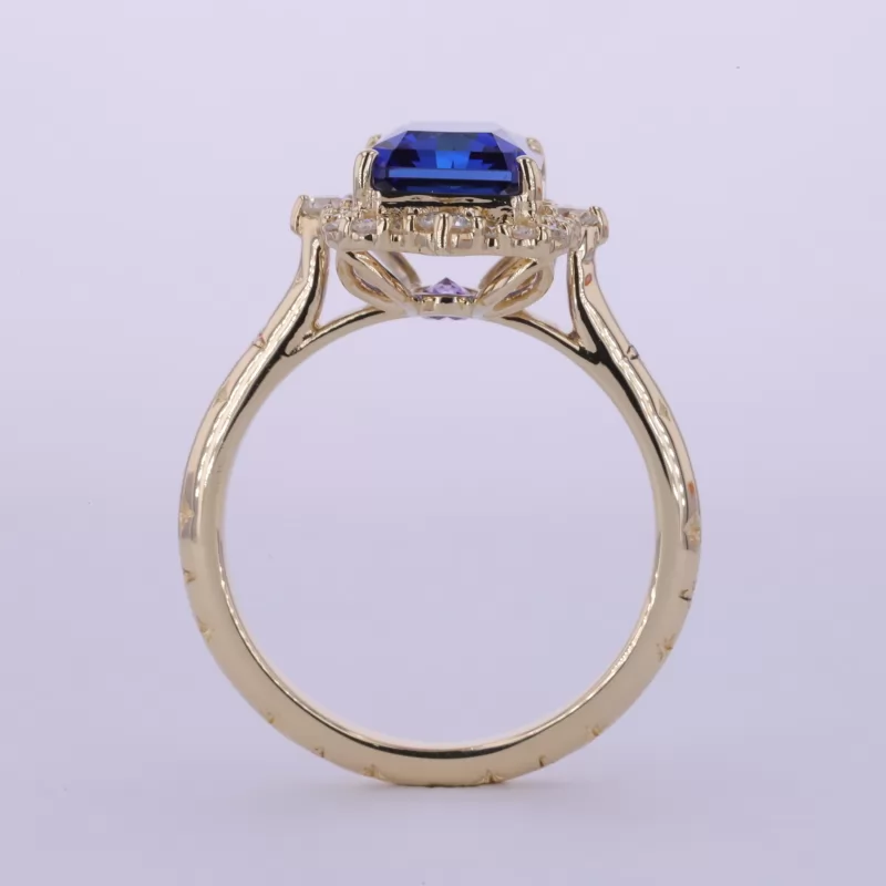 8×10mm Radiant Cut Lab Grown Sapphire 10K Yellow Gold Halo Engagement Ring