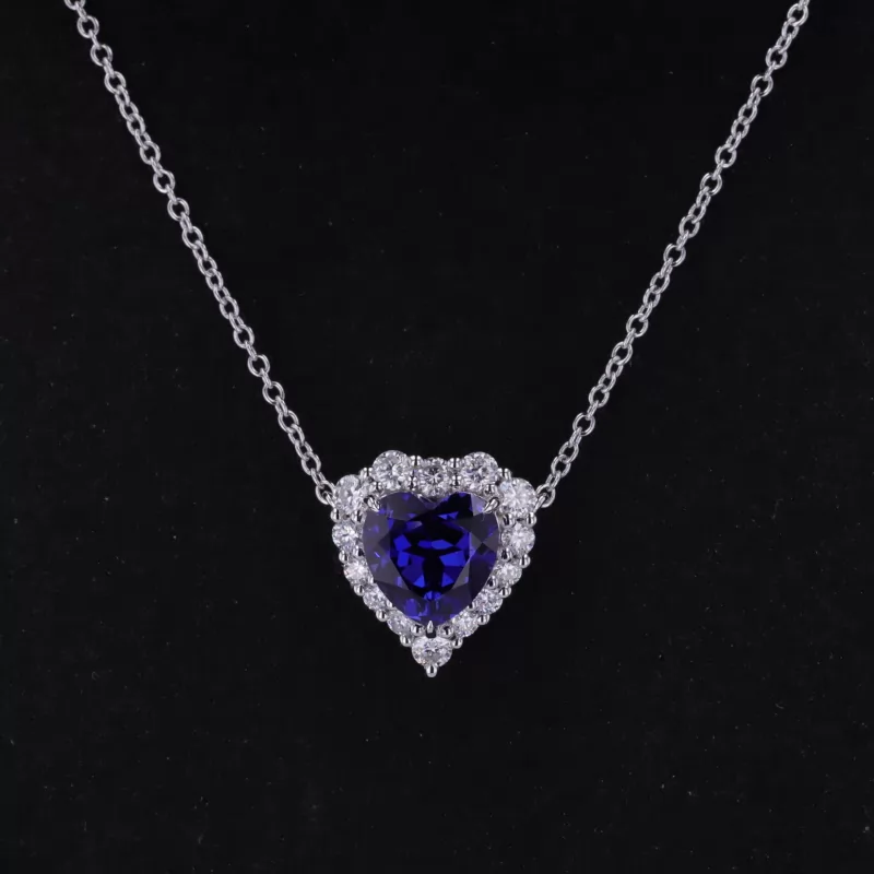 9×9mm Heart Cut Lab Grown Sapphire S925 Sterling Silver Diamond Pendant Necklace