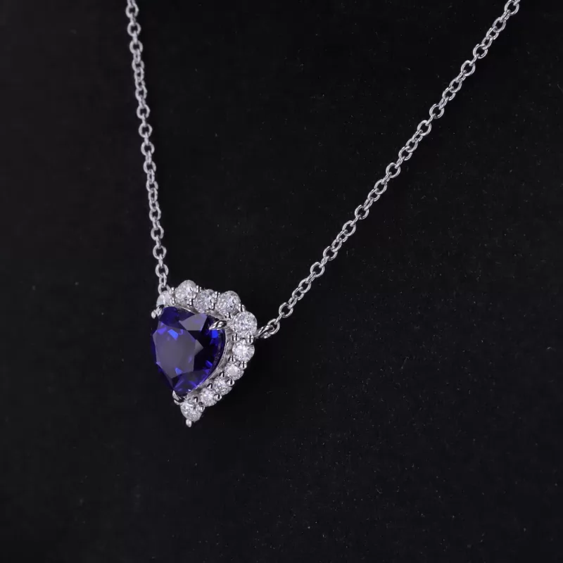 9×9mm Heart Cut Lab Grown Sapphire S925 Sterling Silver Diamond Pendant Necklace