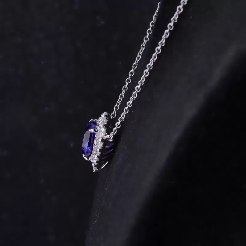 9×9mm Heart Cut Lab Grown Sapphire S925 Sterling Silver Diamond Pendant Necklace