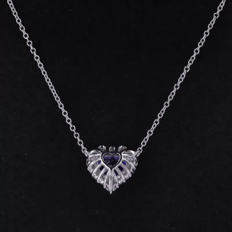 9×9mm Heart Cut Lab Grown Sapphire S925 Sterling Silver Diamond Pendant Necklace