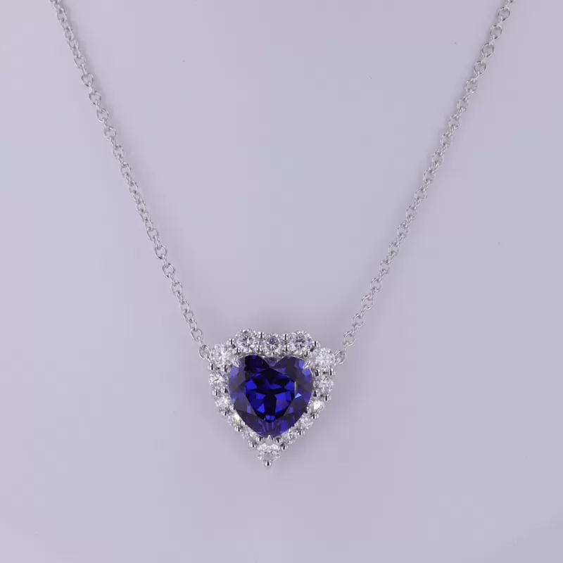 9×9mm Heart Cut Lab Grown Sapphire S925 Sterling Silver Diamond Pendant Necklace