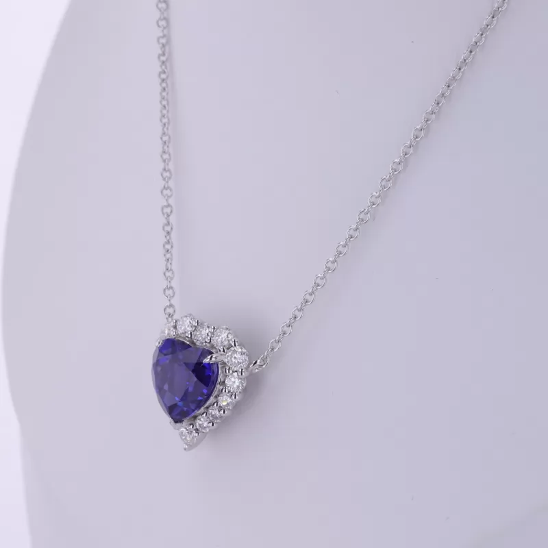 9×9mm Heart Cut Lab Grown Sapphire S925 Sterling Silver Diamond Pendant Necklace