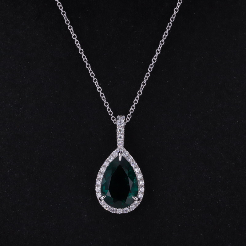 9×13mm Pear Cut Lab Grown Emerald 14K White Gold Diamond Pendant Necklace