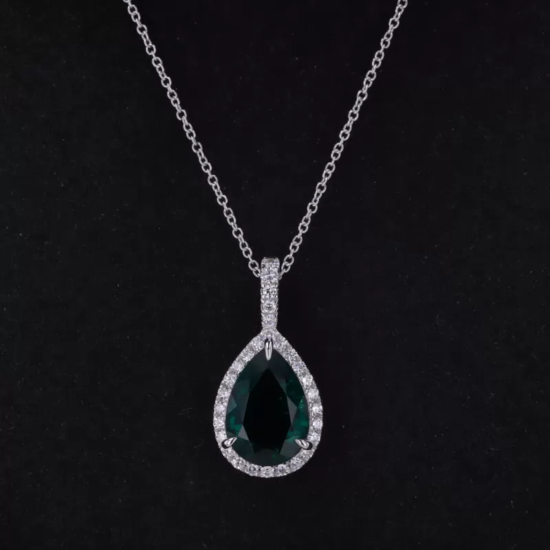 9×13mm Pear Cut Lab Grown Emerald 14K White Gold Diamond Pendant Necklace