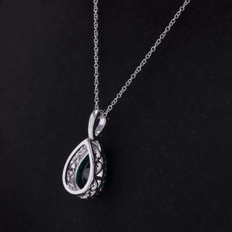 9×13mm Pear Cut Lab Grown Emerald 14K White Gold Diamond Pendant Necklace