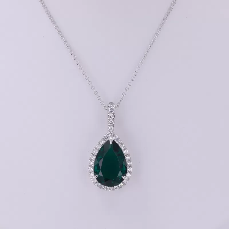 9×13mm Pear Cut Lab Grown Emerald 14K White Gold Diamond Pendant Necklace