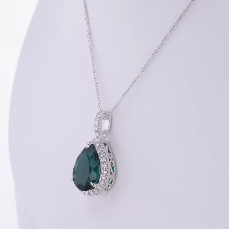 9×13mm Pear Cut Lab Grown Emerald 14K White Gold Diamond Pendant Necklace