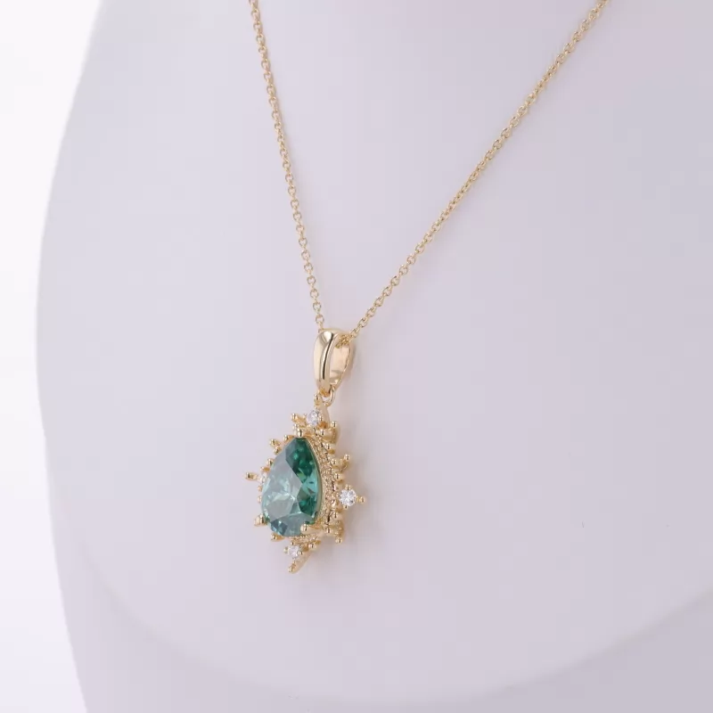 7×10mm Pear Cut Green Moissanite 10K Yellow Gold Diamond Pendant Necklace