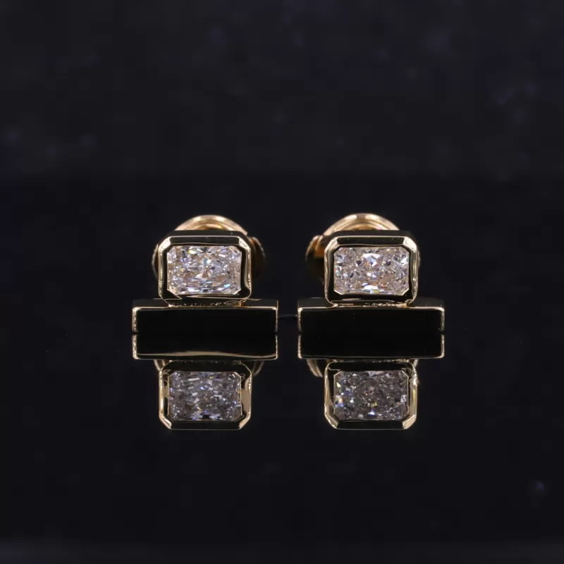 3.5×5mm Radiant Shape Crushed Ice Cut Lab Grown Diamond Bezel Set 18K Yellow Gold Diamond Stud Earrings