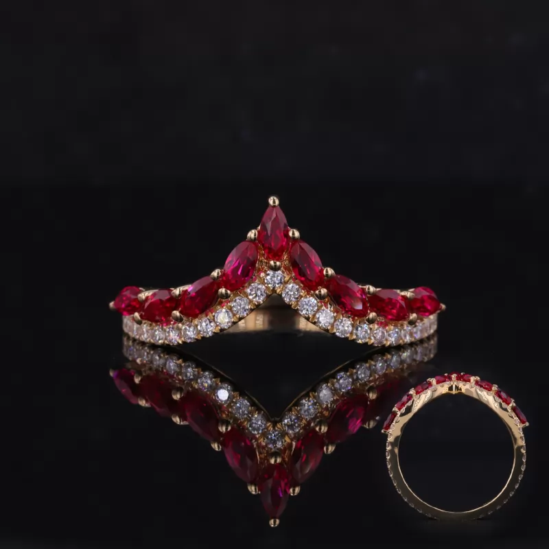 2×4mm Marquise Cut Lab Grown Ruby 18K Yellow Gold Vintage Engagement Ring