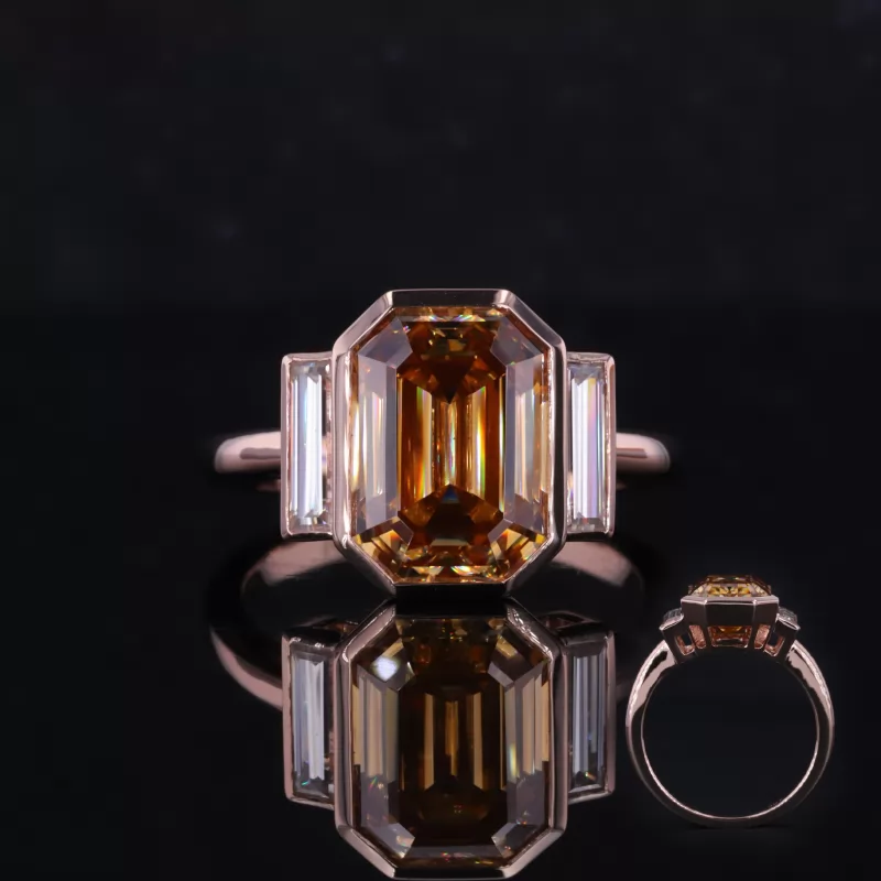 8×11mm Octagon Emerald Cut Orange Moissanite 10K Rose Gold Three Stone Engagement Ring