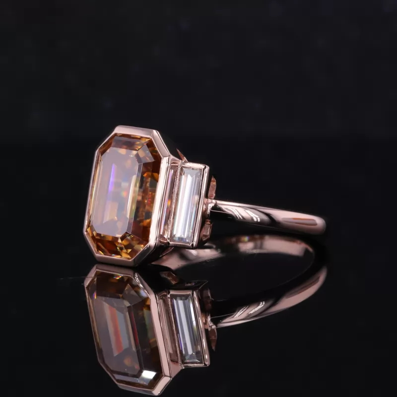 8×11mm Octagon Emerald Cut Orange Moissanite 10K Rose Gold Three Stone Engagement Ring