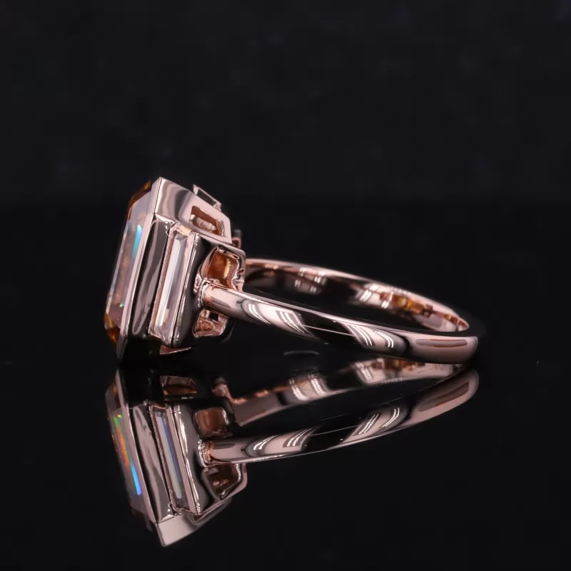 8×11mm Octagon Emerald Cut Orange Moissanite 10K Rose Gold Three Stone Engagement Ring