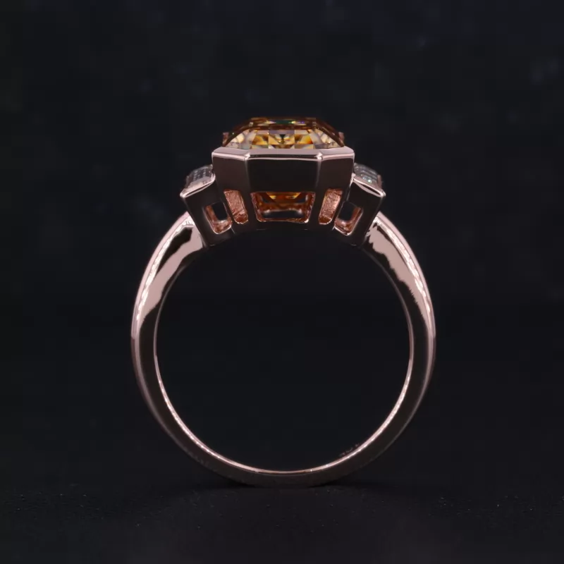 8×11mm Octagon Emerald Cut Orange Moissanite 10K Rose Gold Three Stone Engagement Ring