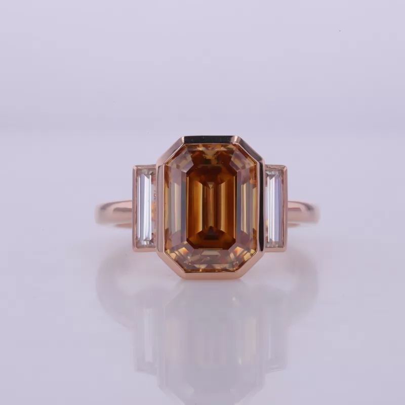 8×11mm Octagon Emerald Cut Orange Moissanite 10K Rose Gold Three Stone Engagement Ring