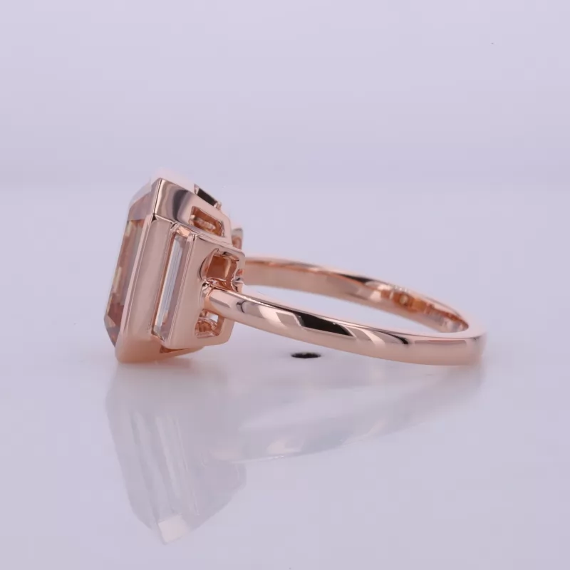 8×11mm Octagon Emerald Cut Orange Moissanite 10K Rose Gold Three Stone Engagement Ring