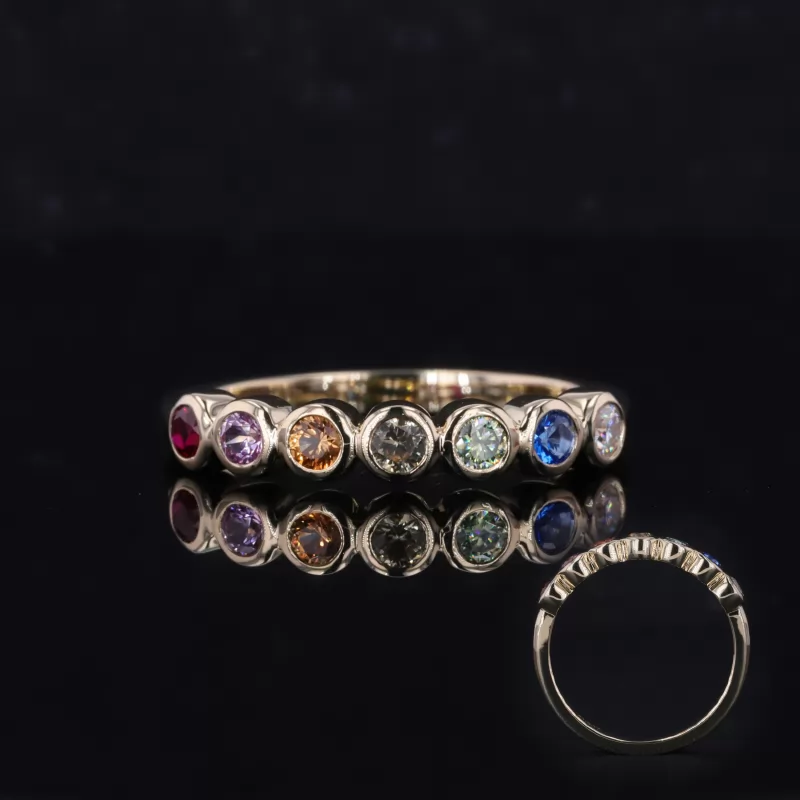 2.5mm Round Brilliant Cut Colour Gemstones Bezel Set 10K Yellow Gold Seven Stone Diamond Ring