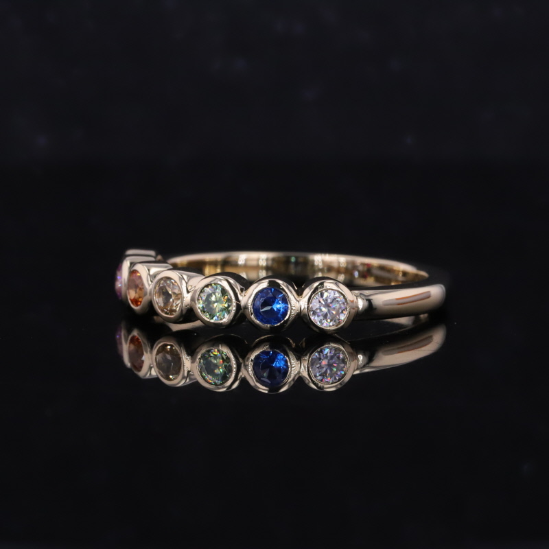 2.5mm Round Brilliant Cut Colour Gemstones Bezel Set 10K Yellow Gold Seven Stone Diamond Ring