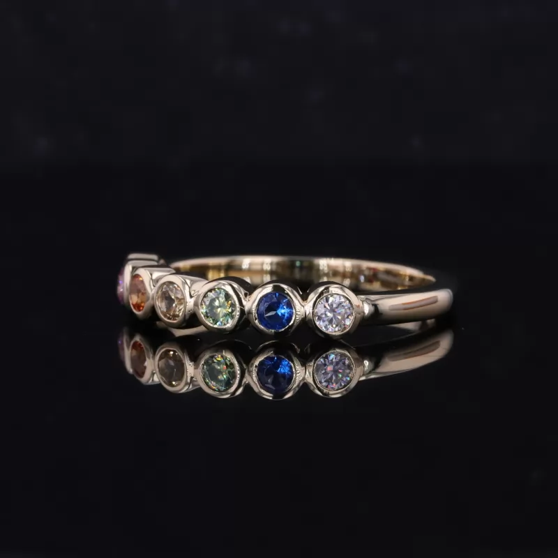 2.5mm Round Brilliant Cut Colour Gemstones Bezel Set 10K Yellow Gold Seven Stone Diamond Ring