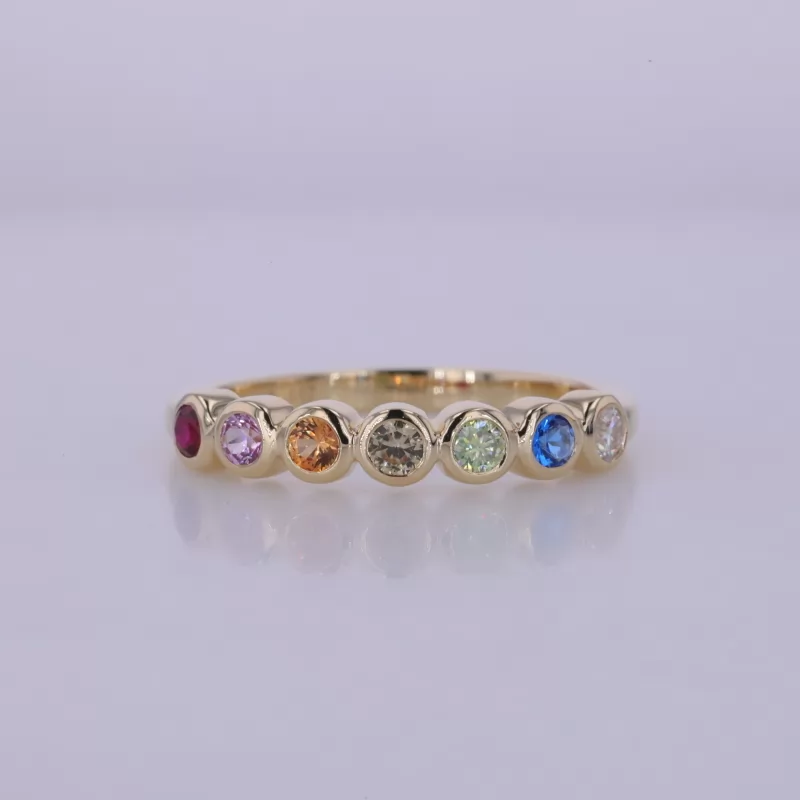 2.5mm Round Brilliant Cut Colour Gemstones Bezel Set 10K Yellow Gold Seven Stone Diamond Ring