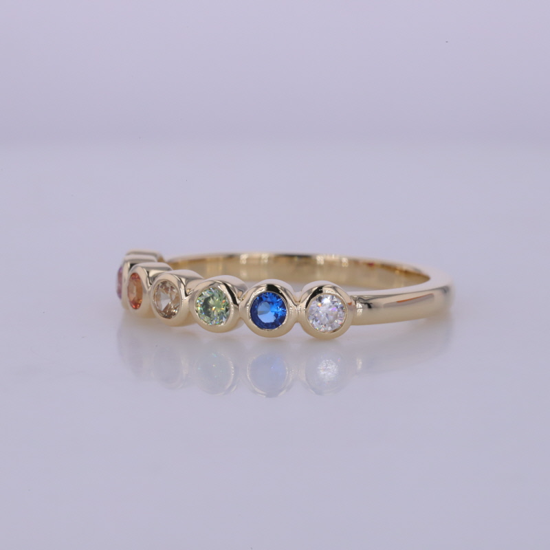 2.5mm Round Brilliant Cut Colour Gemstones Bezel Set 10K Yellow Gold Seven Stone Diamond Ring