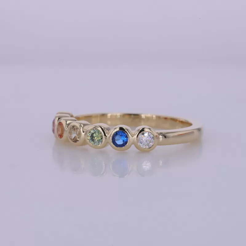 2.5mm Round Brilliant Cut Colour Gemstones Bezel Set 10K Yellow Gold Seven Stone Diamond Ring