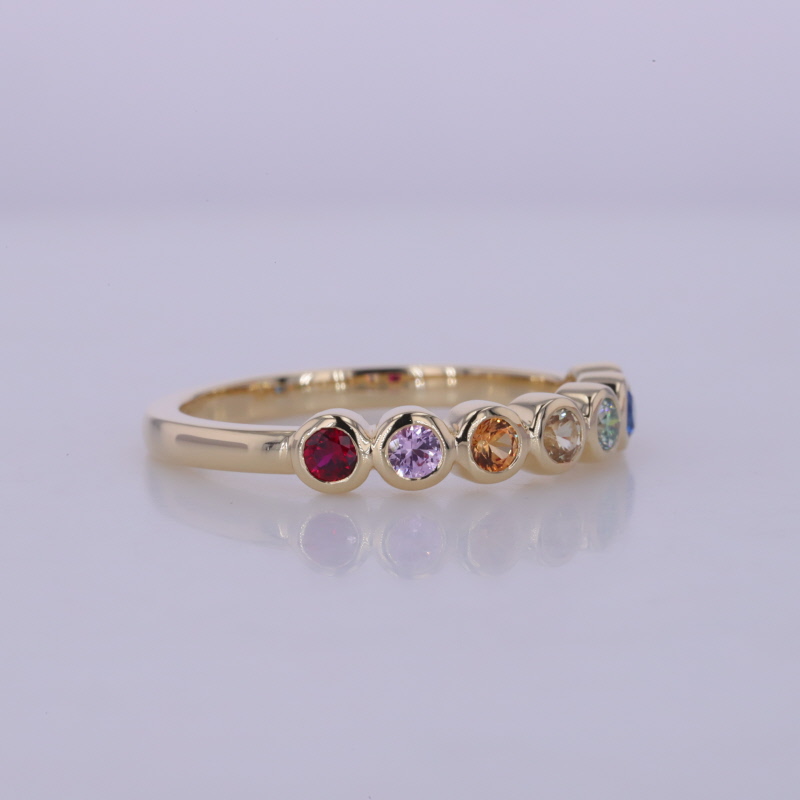 2.5mm Round Brilliant Cut Colour Gemstones Bezel Set 10K Yellow Gold Seven Stone Diamond Ring