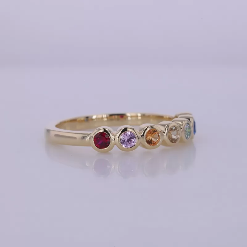 2.5mm Round Brilliant Cut Colour Gemstones Bezel Set 10K Yellow Gold Seven Stone Diamond Ring