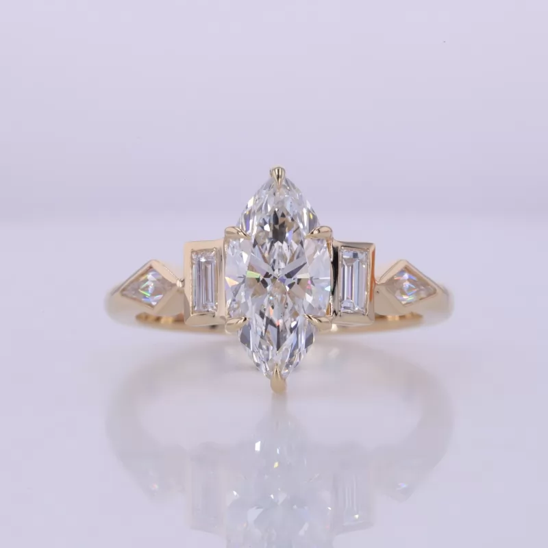 13.39×6.63mm Marquise Cut Lab Grown Diamond With Side Moissanite 14K Yellow Gold Engagement Ring