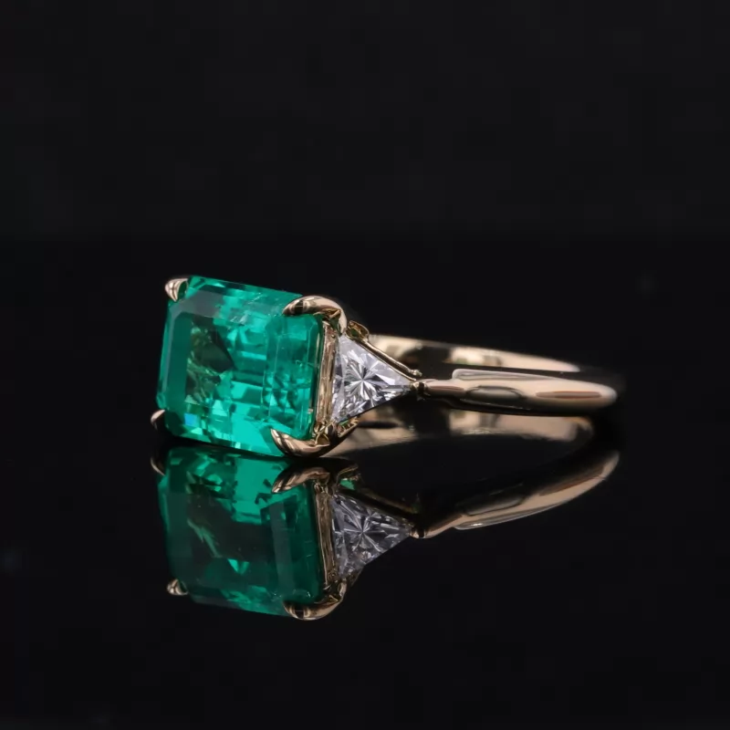 8×10mm Octagon Emerald Cut Lab Grown Emerald 14K Yellow Gold Three Stone Engagement Ring