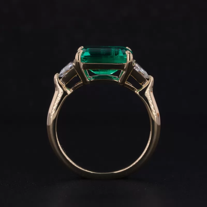 8×10mm Octagon Emerald Cut Lab Grown Emerald 14K Yellow Gold Three Stone Engagement Ring