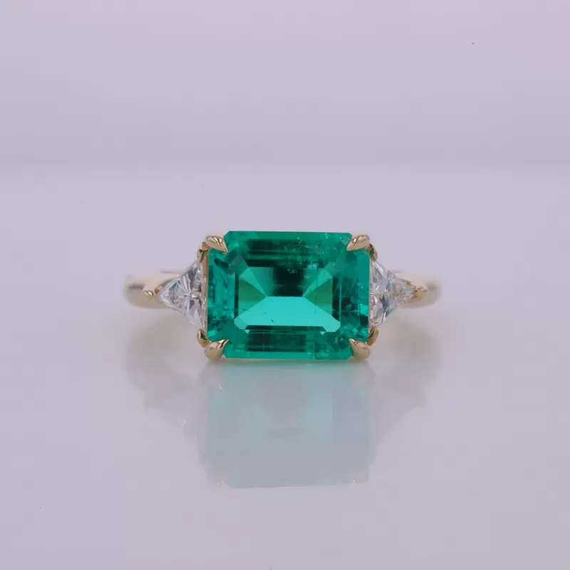 8×10mm Octagon Emerald Cut Lab Grown Emerald 14K Yellow Gold Three Stone Engagement Ring