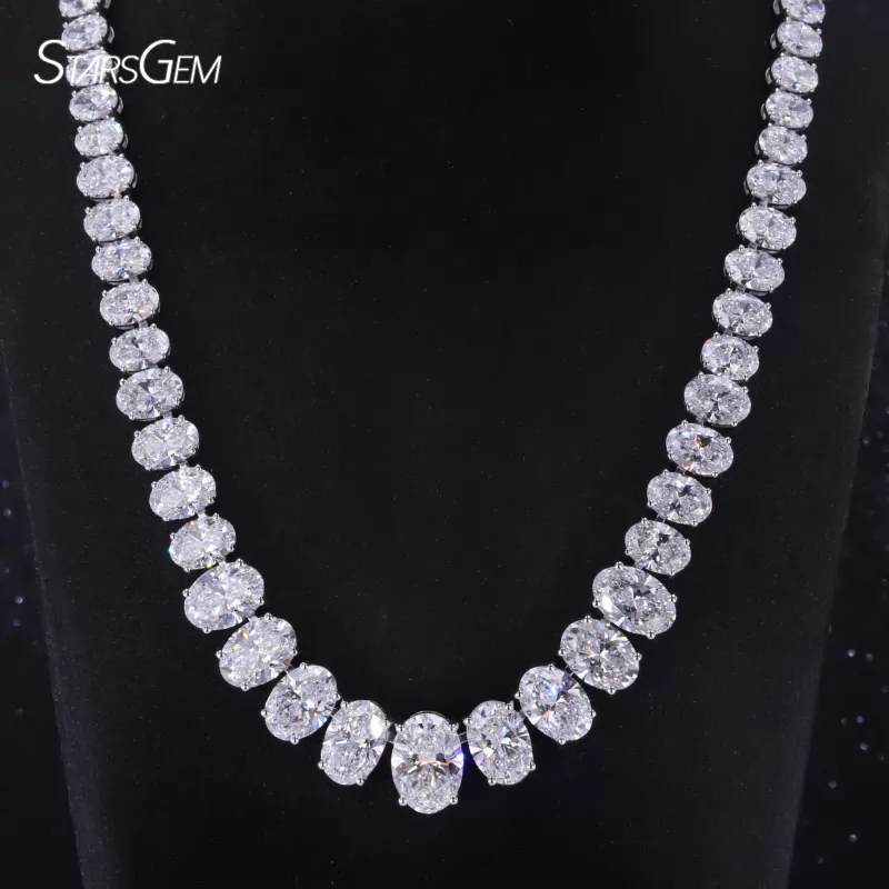 13.65×9.66mm Oval Cut Lab Grown Diamond Necklace 14K White Gold Tennis Chain